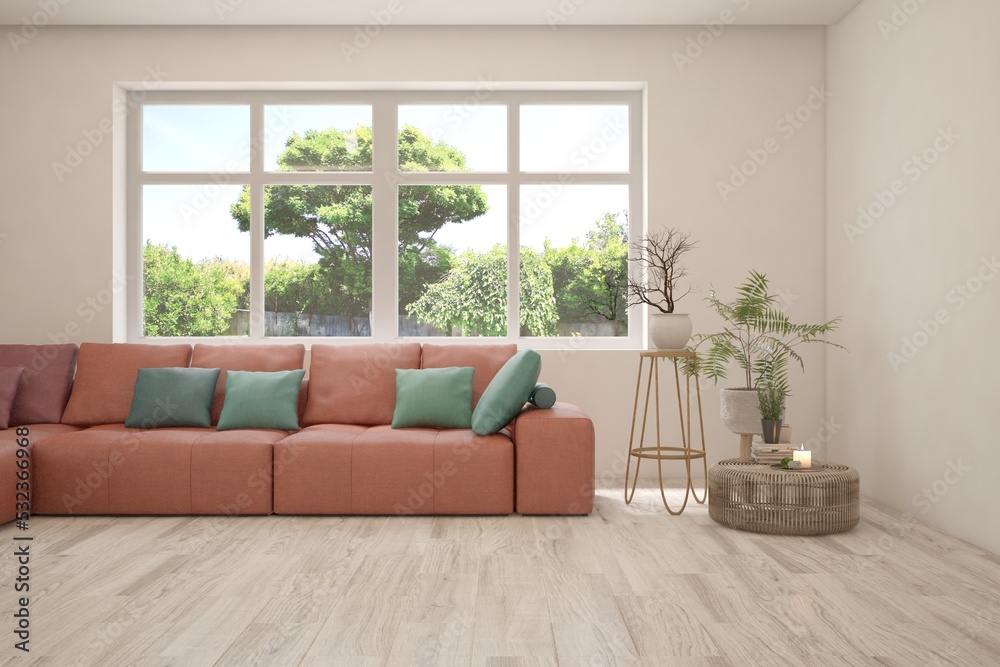 Fototapeta premium White living room with sofa and summer landscape in window. Scandinavian interior design. 3D illustration