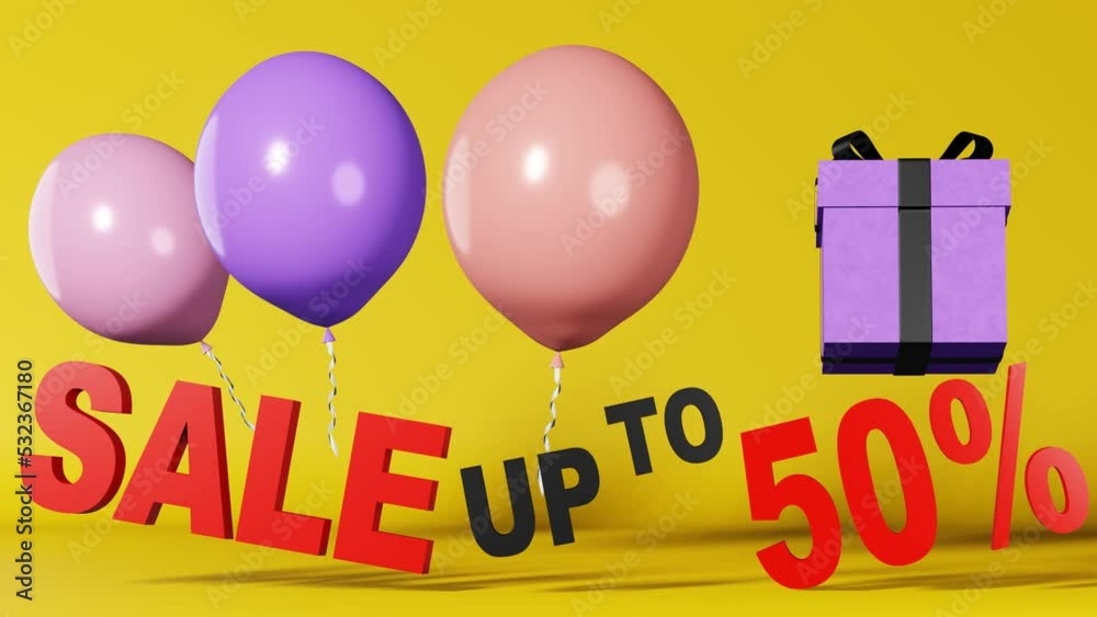 Sale up to 50 percent discount text banner Hot offer Best price 3d animation yellow background. Purple gift box levitating pink balloons. Online shopping promotion. Shop coupon graphic poster template Sale up to 50 percent discount text banner Hot offer Best price 3d animation yellow background. Purple gift box levitating pink balloons. Online shopping promotion. Shop coupon graphic poster template