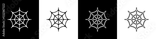 Set Spider web icon isolated on black and white background. Cobweb sign. Happy Halloween party. Vector