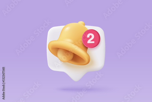 3D minimal notification bell icon with push bubble notification speech on pastel background. new alert concept for social media element. 3d bell alarm icon for message vector render illustration