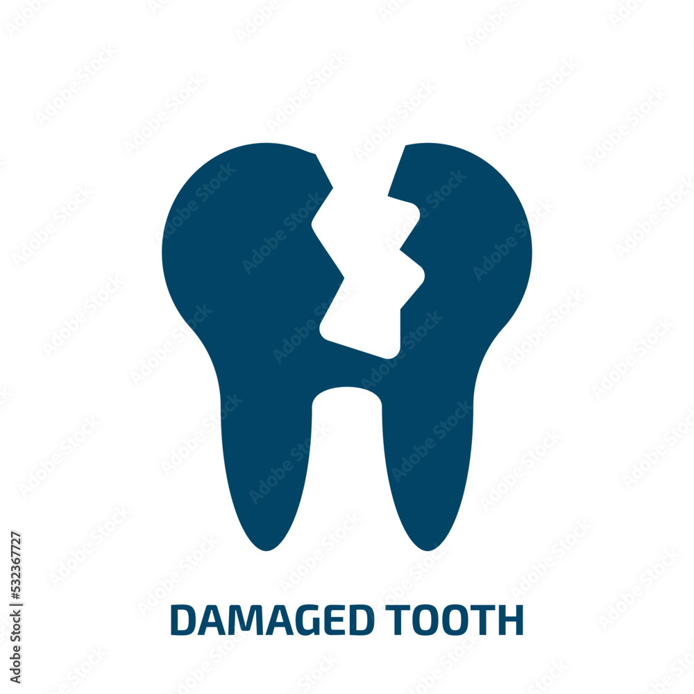 damaged tooth icon from dentist collection. Filled damaged tooth, damage, dentistry glyph icons isolated on white background. Black vector damaged tooth sign, symbol for web design and mobile apps