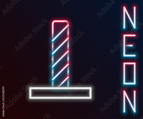Glowing neon line Cat scratching post with toy icon isolated on black background. Colorful outline concept. Vector