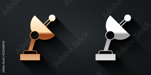Gold and silver Radar icon isolated on black background. Search system. Satellite sign. Long shadow style. Vector