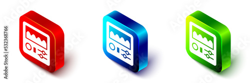 Isometric Drum machine icon isolated on white background. Musical equipment. Red, blue and green square button. Vector