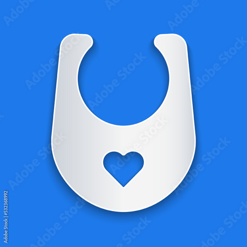 Paper cut Baby bib icon isolated on blue background. Paper art style. Vector