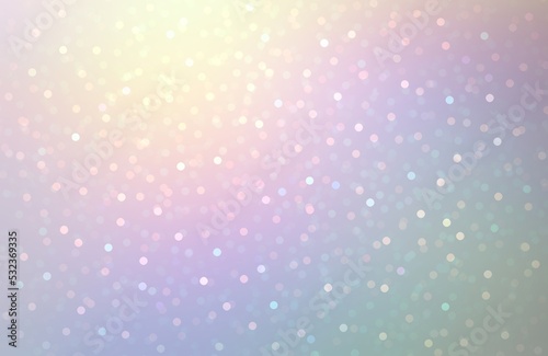 Holiday decorative bokeh shinyng on lilac pink yellow blue iridescent airy backdrop. Glitter textured empty background for Xmas.