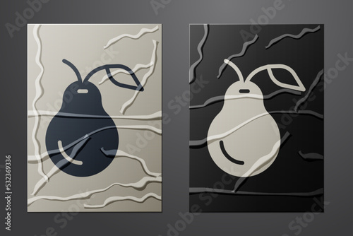 White Pear icon isolated on crumpled paper background. Fruit with leaf symbol. Paper art style. Vector