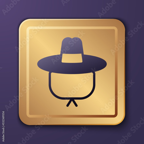 Purple Camping hat icon isolated on purple background. Beach hat panama. Explorer travelers hat for hunting, hiking, tourism. Gold square button. Vector