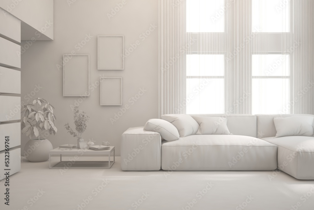 White minimalist living room with sofa. Scandinavian interior design. 3D illustration