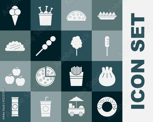 Set Donut, Khinkali cutting board, Fried sausage, Taco with tortilla, Meatballs wooden stick, Ice cream waffle cone and Cotton candy icon. Vector