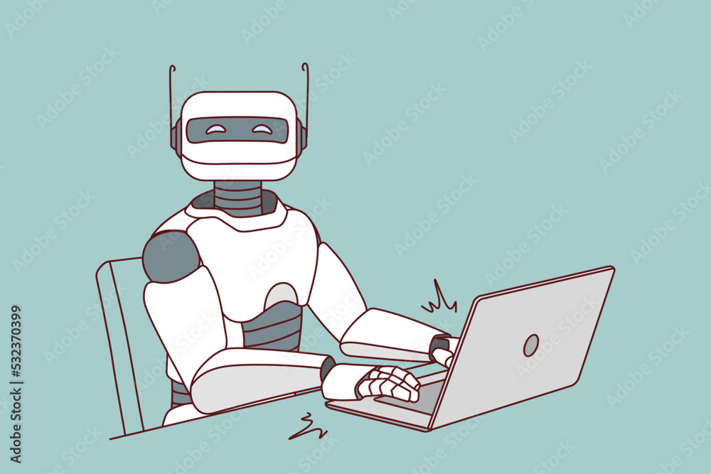 Robot working on computer in office. Modern humanoid typing on laptop. Artificial intelligence concept. Robotic assistant at workplace. Vector illustration. 