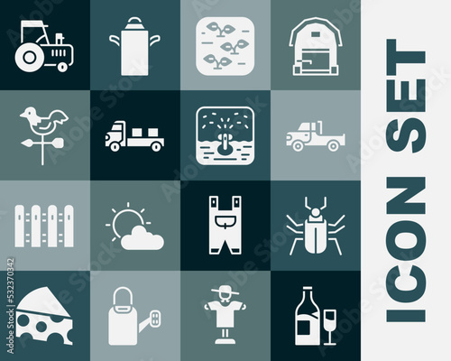 Set Wine bottle with glass, Insect fly, Pickup truck, Plant, Rooster weather vane, Tractor and Automatic irrigation sprinklers icon. Vector