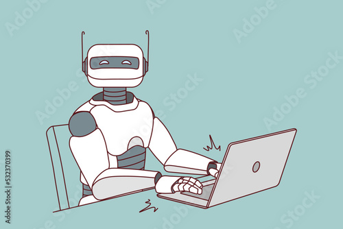 Robot working on computer in office. Modern humanoid typing on laptop. Artificial intelligence concept. Robotic assistant at workplace. Vector illustration. 