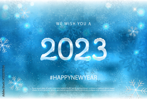 2023 happy new year on winter christmas frost background. Winter 2023 year set with snow caps. Festive winter frost background. Frozen Xmas And Happy New Year 2023 Greetings.Vector illustration EPS 10