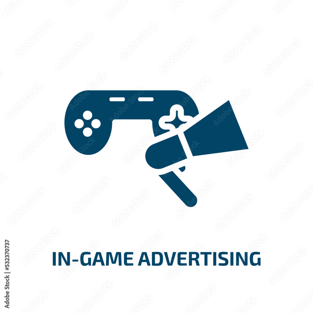 in-game advertising icon from general collection. Filled in-game advertising, game, advertising glyph icons isolated on white background. Black vector in-game advertising sign, symbol for web design in-game advertising icon from general collection. Filled in-game advertising, game, advertising glyph icons isolated on white background. Black vector in-game advertising sign, symbol for web design