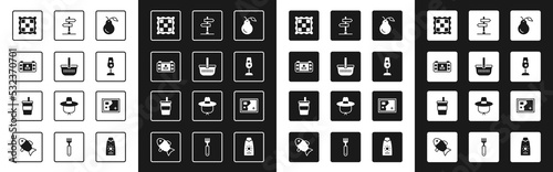 Set Pear, Picnic basket, Portable video game console, Checkered napkin, Wine glass, Road traffic sign, Folded map and Paper with water icon. Vector