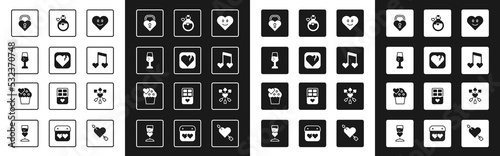 Set Heart, Broken heart or divorce, Glass of champagne, Castle in the shape, Music note, tone with hearts, Bottle love potion, Amour and arrow and Wedding cake icon. Vector