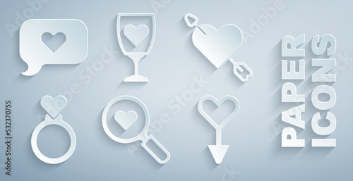 Set Search heart and love, Amour with arrow, Wedding rings, Female gender symbol, Glass of champagne and Heart speech bubble icon. Vector