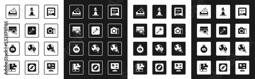 Set Seismograph, Wrench spanner, Soil analysis, Ore mining, Photo camera, Tacheometer, theodolite, Magnifying glass with globe and Exhibition minerals, rocks icon. Vector