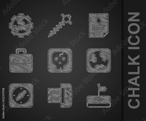 Set Archeology, Seismograph, Flag, Earth globe, Compass, Briefcase, Oil drop document and Gear wheels and earth icon. Vector