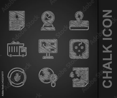 Set Soil analysis, Global planet with bulb, Earth globe document, Archeology, Mining dump truck, Oilfield and drop icon. Vector