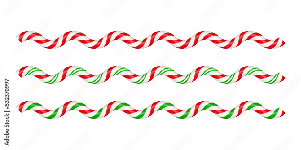 Christmas candy cane wave lines with red, green and white striped. Xmas lines with striped candy lollipop pattern. Christmas and new year element. Vector illustration isolated on white background. Christmas candy cane wave lines with red, green and white striped. Xmas lines with striped candy lollipop pattern. Christmas and new year element. Vector illustration isolated on white background.