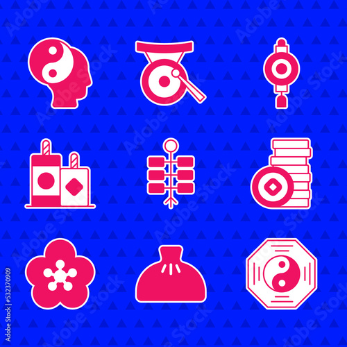 Set Firework, Dumpling, Yin Yang symbol, Chinese Yuan currency, Lotus flower, paper lantern and icon. Vector