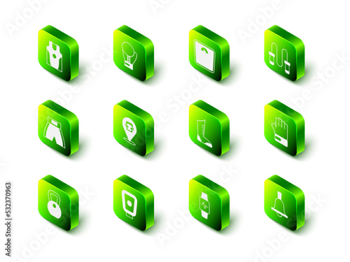 Set Boxing glove, Bathroom scales, Jump rope, MMA, bell, Sport boxing shoes, Smart watch with heart and training paws icon. Vector