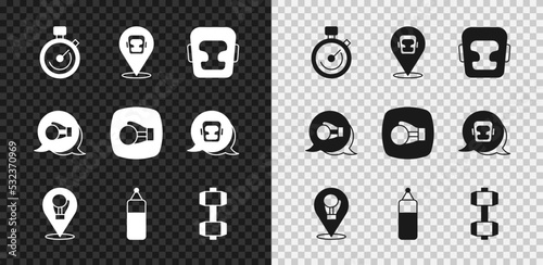 Set Stopwatch, Boxing helmet, glove, Punching bag, Dumbbell, and icon. Vector