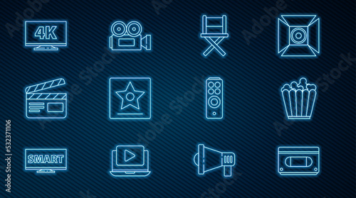 Set line VHS video cassette tape, Popcorn in box, Director movie chair, Hollywood walk of fame star, Movie clapper, Screen tv with 4k, Remote control and Cinema camera icon. Vector