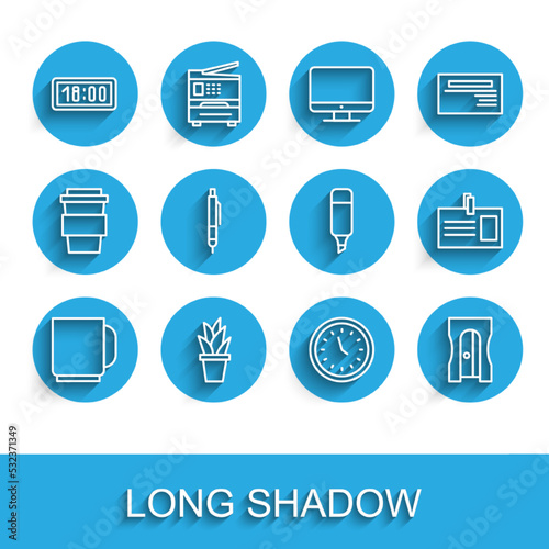 Set line Coffee cup, Plant in pot, Digital alarm clock, Clock, Pencil sharpener, Identification badge and Marker icon. Vector