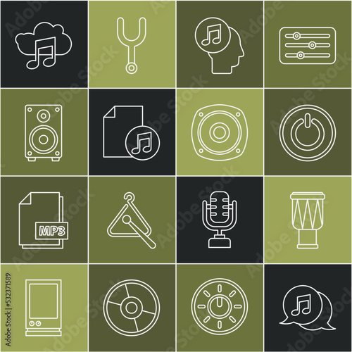 Set line Musical note in speech bubble, Drum, Power button, human head, book with, Stereo speaker, streaming service and icon. Vector