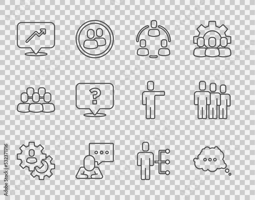 Set line Head hunting, Speech bubble chat, Project team base, Graph, schedule, chart, Question mark, User of man business suit and Users group icon. Vector