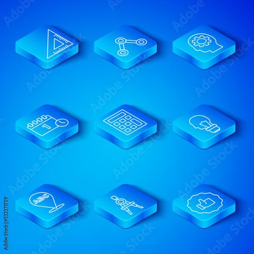 Set line Alphabet, Calculator, Drawing compass, Light bulb with concept of idea, Head gear inside, Calendar first september date, Triangular ruler and Hand thumb up icon. Vector