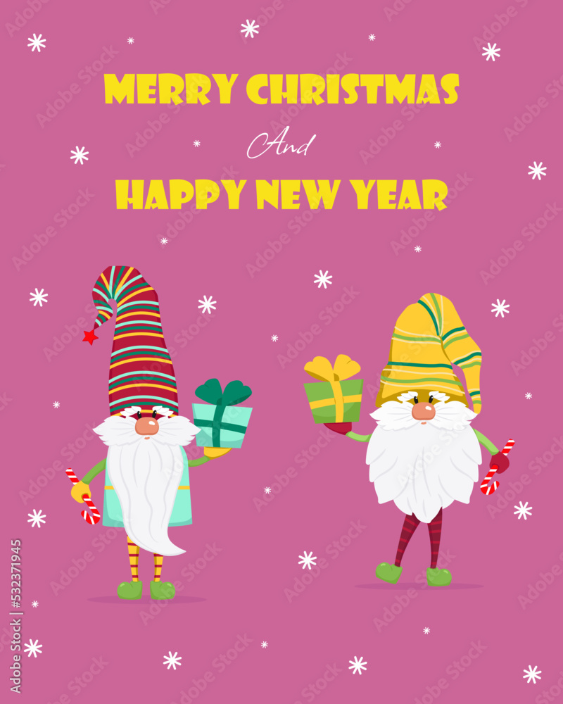 Two cute gnomes with gifts in their hands greeting card for Christmas. Vector illustration in flat style