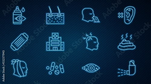 Set line Inhaler, Shit, Vomiting man, Medical hospital building, protective mask, Eye drop bottle, Man having headache and Hair covering skin icon. Vector