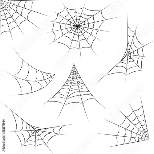 Spider web set isolated on white background. Halloween black cobwebs. Outline vector illustration