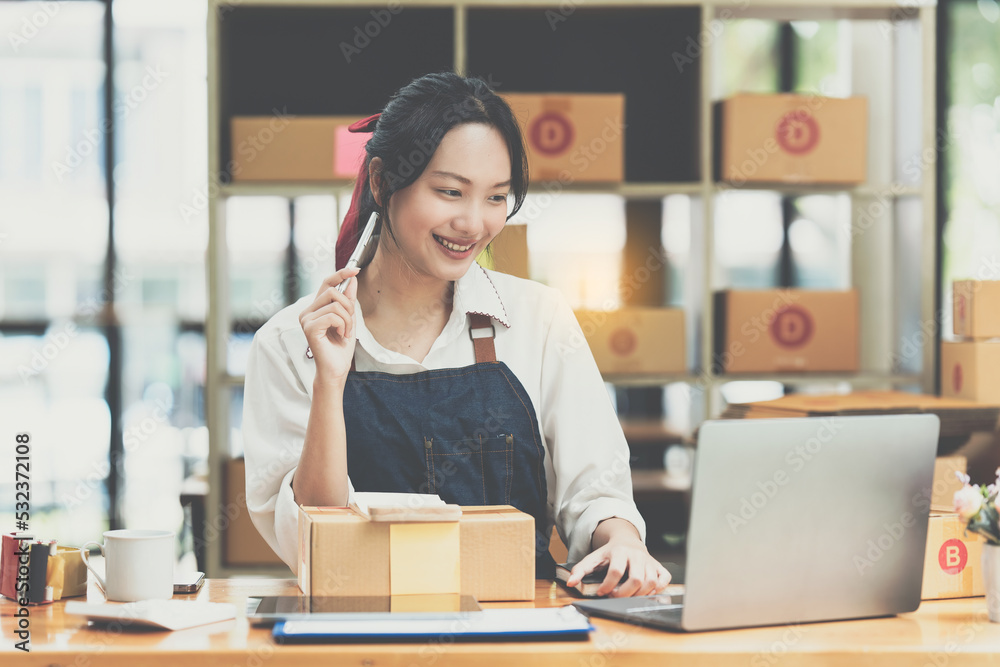 Asian small business owner working at home office. Business retail market and online sell marketing delivery, SME e-commerce concept Asian small business owner working at home office. Business retail market and online sell marketing delivery, SME e-commerce concept