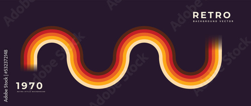 Abstract colorful 70s background vector. Vintage retro style wallpaper with lines, stripes, geometric shapes, curved. 1970 color illustration design suitable for poster, banner, decorative, wall art.