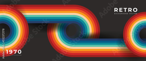 Abstract colorful 70s background vector. Vintage retro style wallpaper with lines, rainbow stripes, geometric shapes. 1970 color illustration design suitable for poster, banner, decorative, wall art.