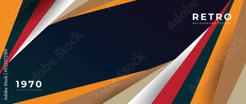 Abstract colorful 70s background vector. Vintage retro style wallpaper with lines, geometric shapes, frame, border. 1970 color illustration design suitable for poster, banner, decorative, wall art.