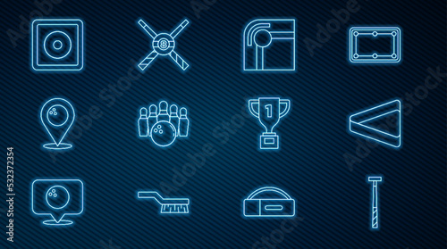 Set line Billiard cue, triangle, table, Bowling pin and ball, Location with bowling, chalk, Award cup and Crossed billiard cues icon. Vector