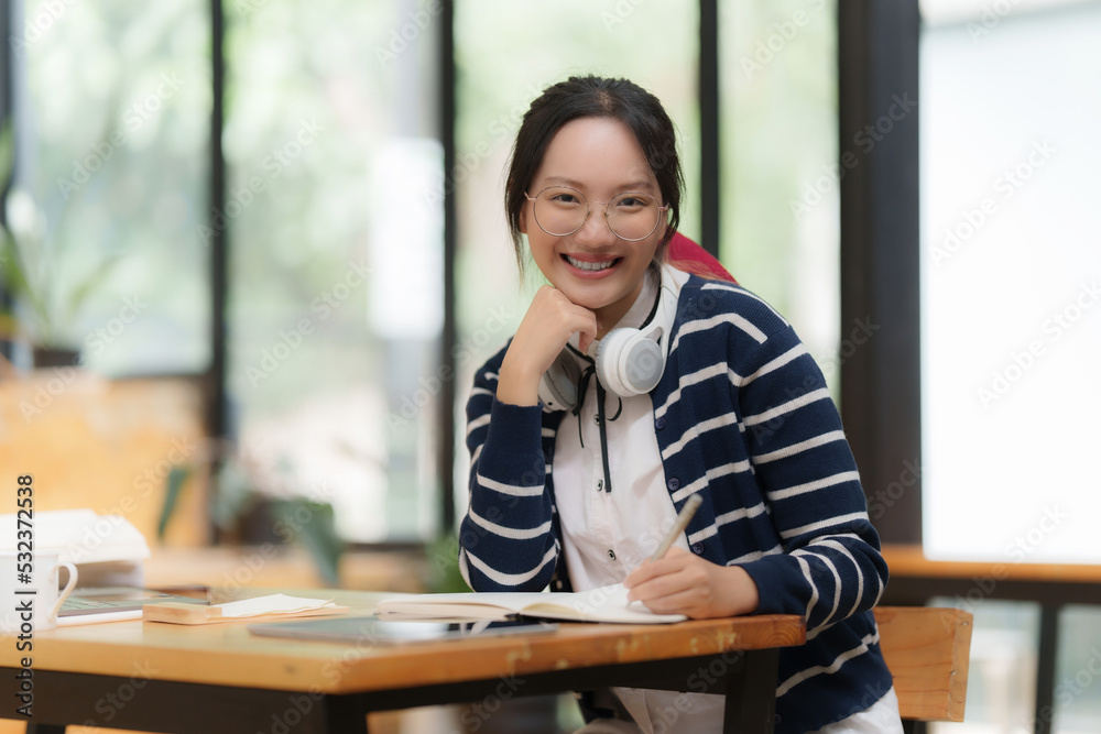 Young college student have question and answer to teacher by video call E-learning, online, education concept