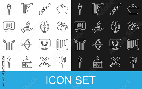 Set line Neptune Trident, Ancient column, Olives branch, and cheese on chopstick, Zeus, Torch flame and Greek shield icon. Vector