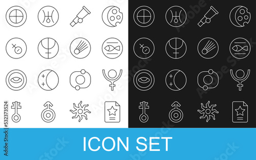 Set line Star constellation zodiac, Symbol Pluto, Pisces, Telescope, Neptune planet, Venus symbol, Earth globe and Comet icon. Vector