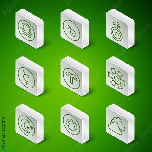 Set line Cloudy weather, Water drop, Libra zodiac, Aries, Symbol Mercury, Venus symbol, Moon and stars and Sun icon. Vector