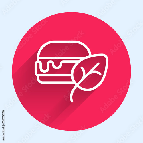 White line Vegan food diet icon isolated White line background. Organic, bio, eco symbol. Vegan, no meat, lactose free, healthy, fresh and nonviolent food. Red circle button. Vector