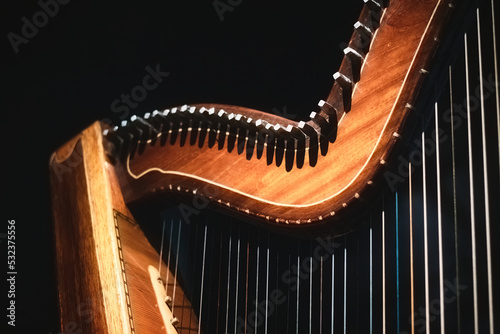 Close-up of detail of a Celtic natural wood finish harp neck and bridge with tuning pins and strings