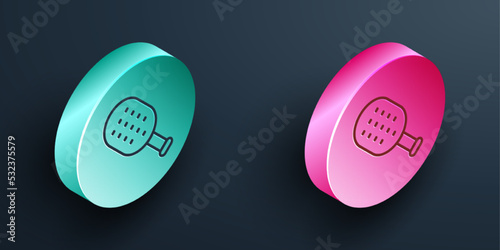 Isometric line Sauna brush icon isolated on black background. Wooden brush with coarse bristles for washing in the bath. Anti cellulite massage. Turquoise and pink circle button. Vector