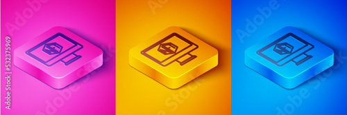 Isometric line Monitor with art store app icon isolated on pink and orange, blue background. Technology of selling NFT tokens for cryptocurrency. Non fungible token concept. Square button. Vector